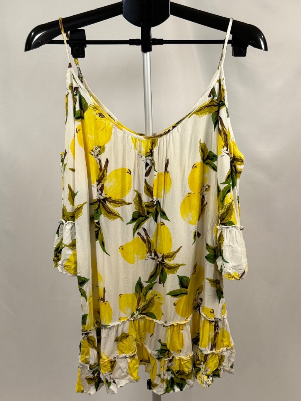 Solitaire Swim Lemon Print Cover Up Dress Size L Off Shoulder Boho Rayon Resort